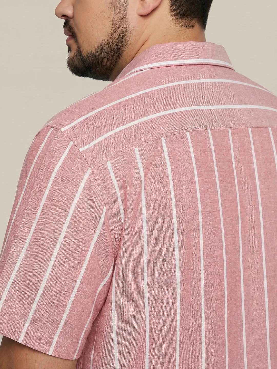 Plus Men's Pink Cotton Half Sleeve Relaxed Fit Linen Striped Shirt with Cuban Collar - Image 5