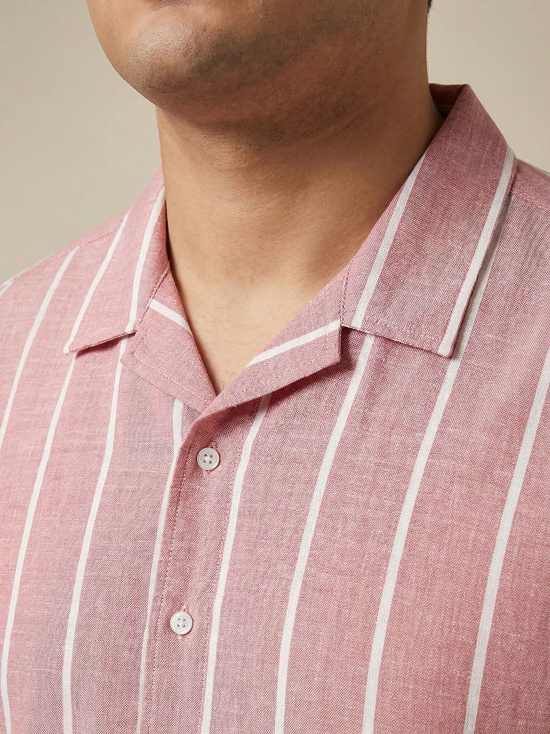 Plus Men's Pink Cotton Half Sleeve Relaxed Fit Linen Striped Shirt with Cuban Collar - Image 6