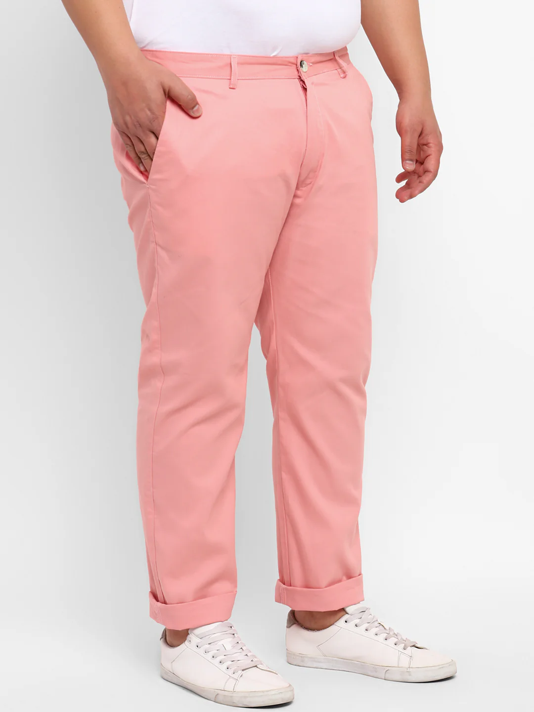 Plus Men's Pink Cotton Regular Fit Casual Chinos Trousers - Image 2