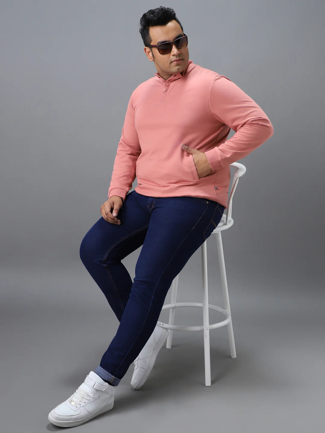 Plus Men's Pink Cotton Solid Button High Neck Sweatshirt - Image 4