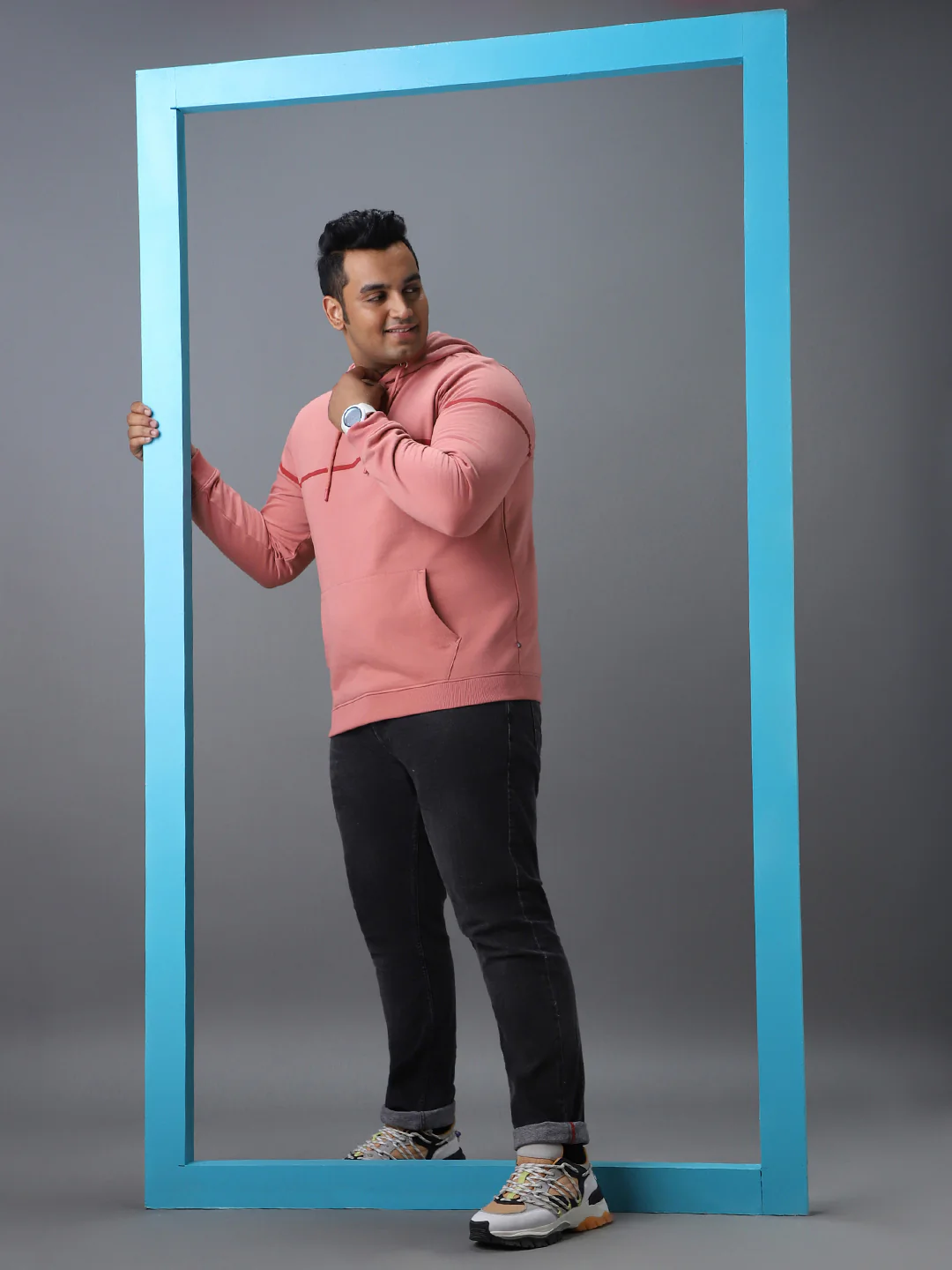 Plus Men's Pink Cotton Solid Hooded Neck Sweatshirt - Image 4