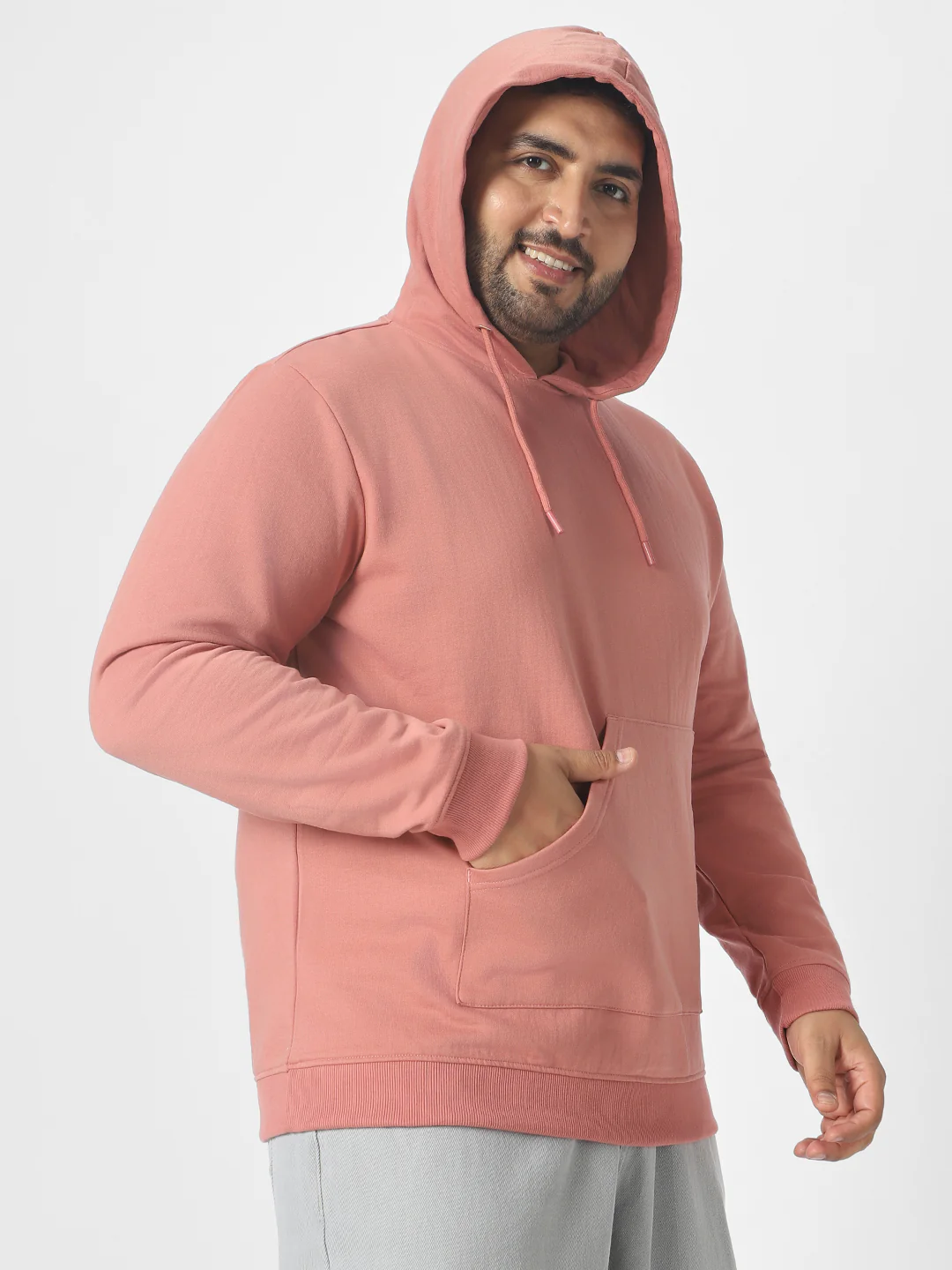 Plus Men's Pink Cotton Solid Hooded Neck Sweatshirt - Image 2