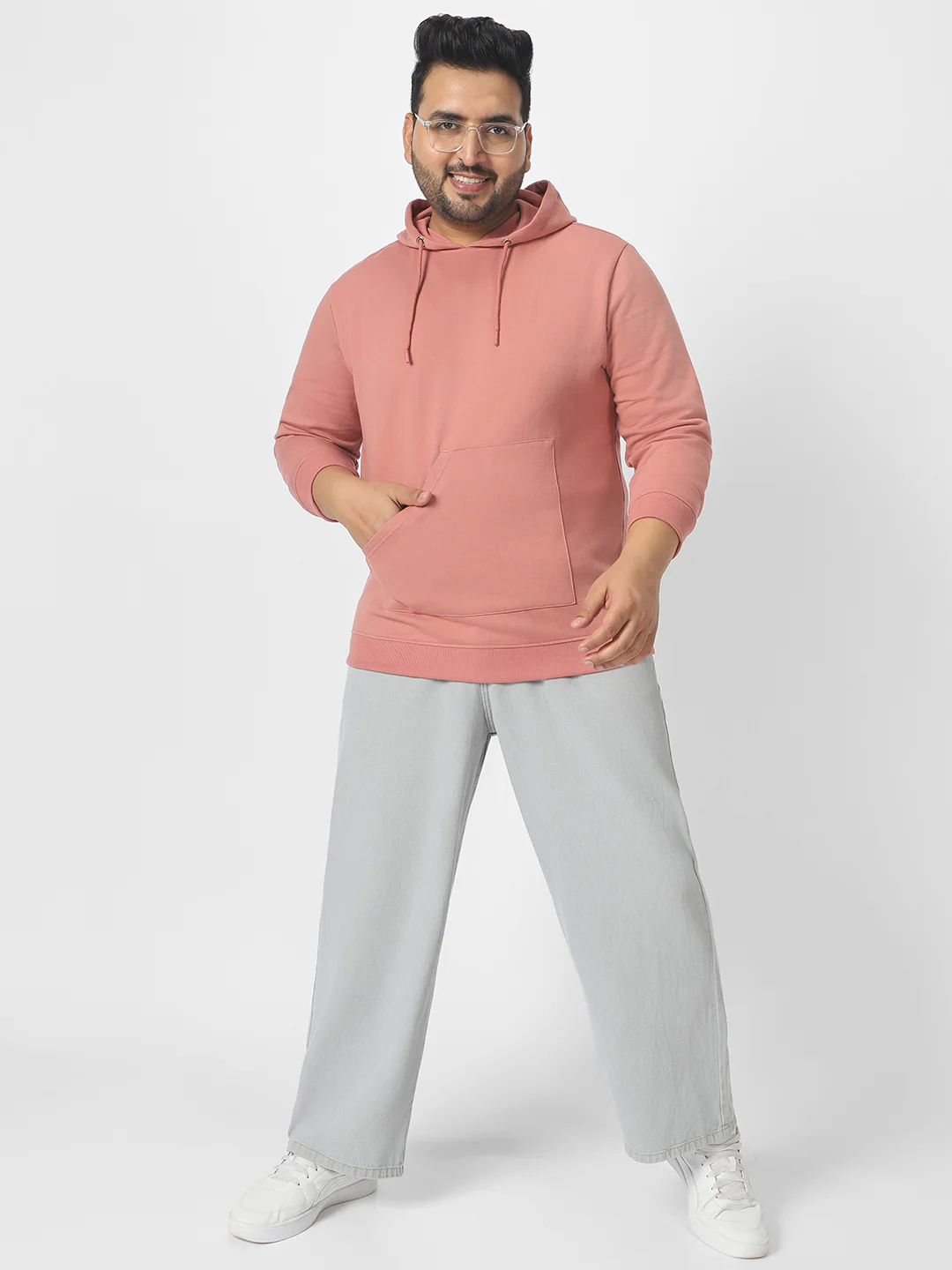 Plus Men's Pink Cotton Solid Hooded Neck Sweatshirt - Image 4