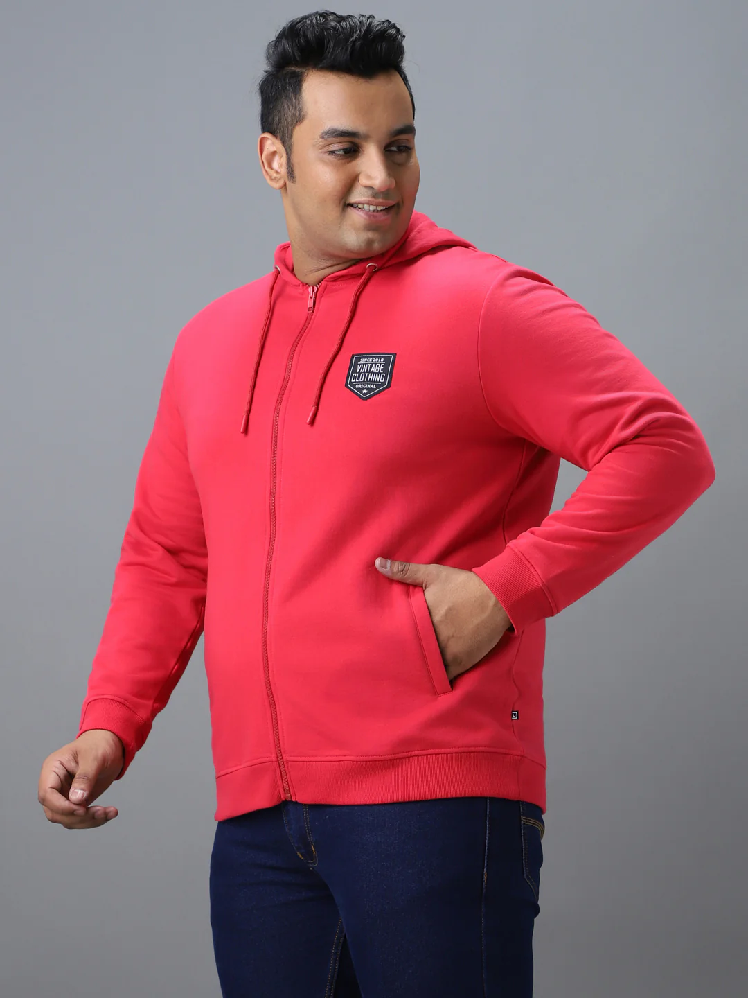 Plus Men's Pink Cotton Solid Zippered Hooded Neck Sweatshirt - Image 2