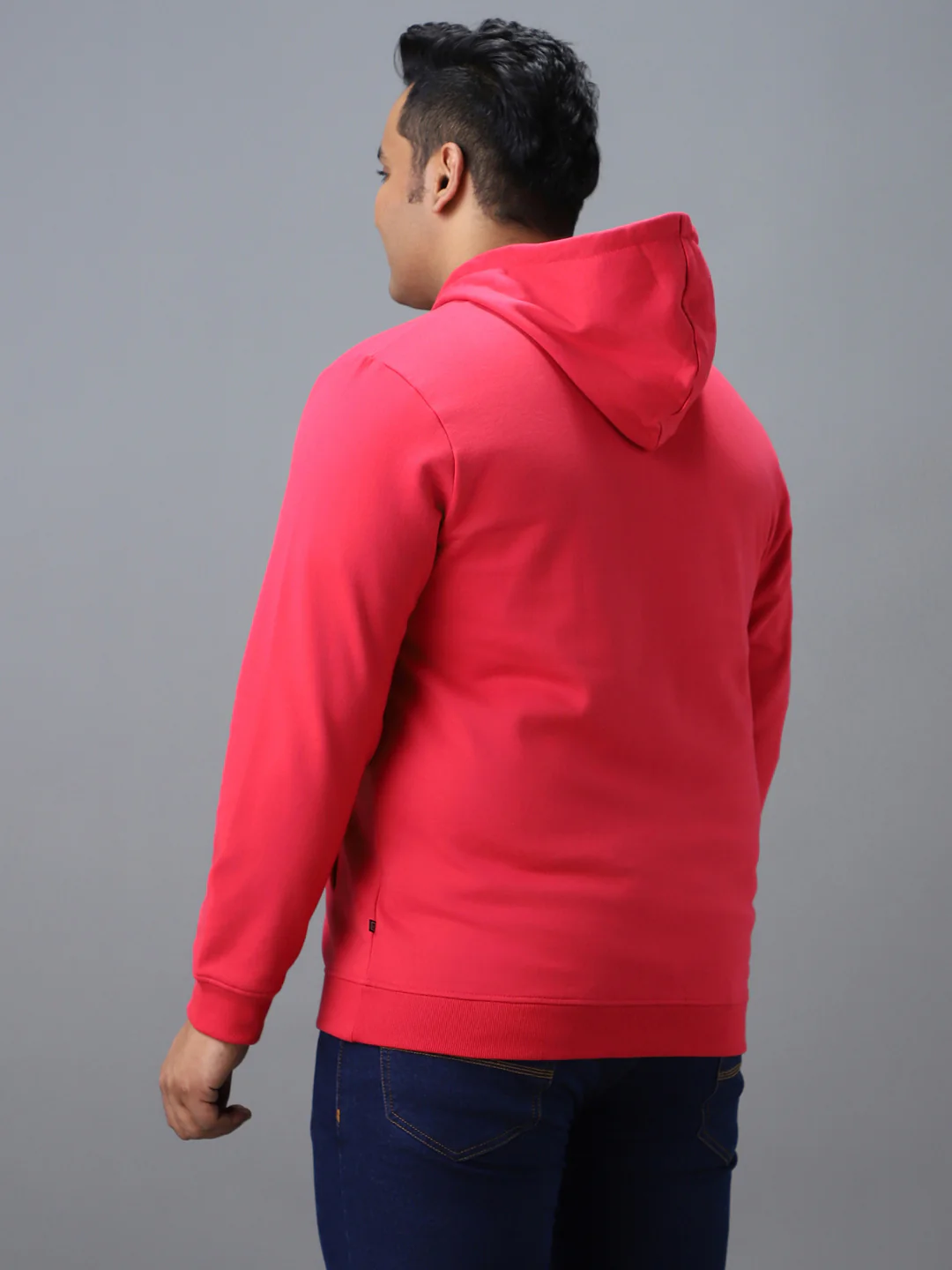 Plus Men's Pink Cotton Solid Zippered Hooded Neck Sweatshirt - Image 3