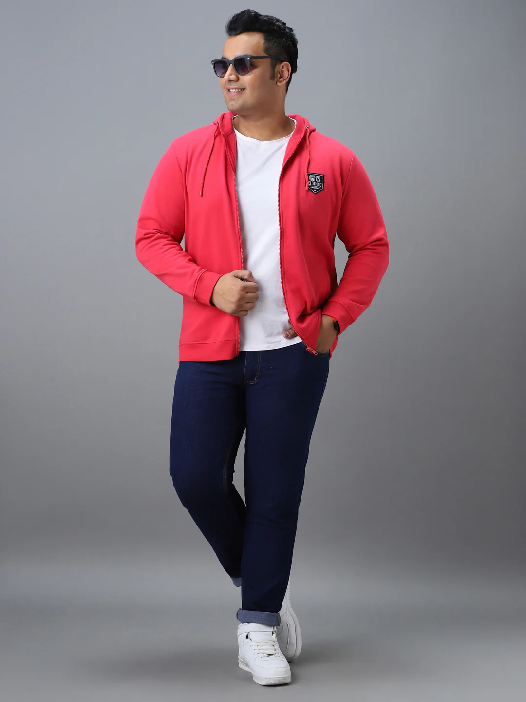 Plus Men's Pink Cotton Solid Zippered Hooded Neck Sweatshirt - Image 4
