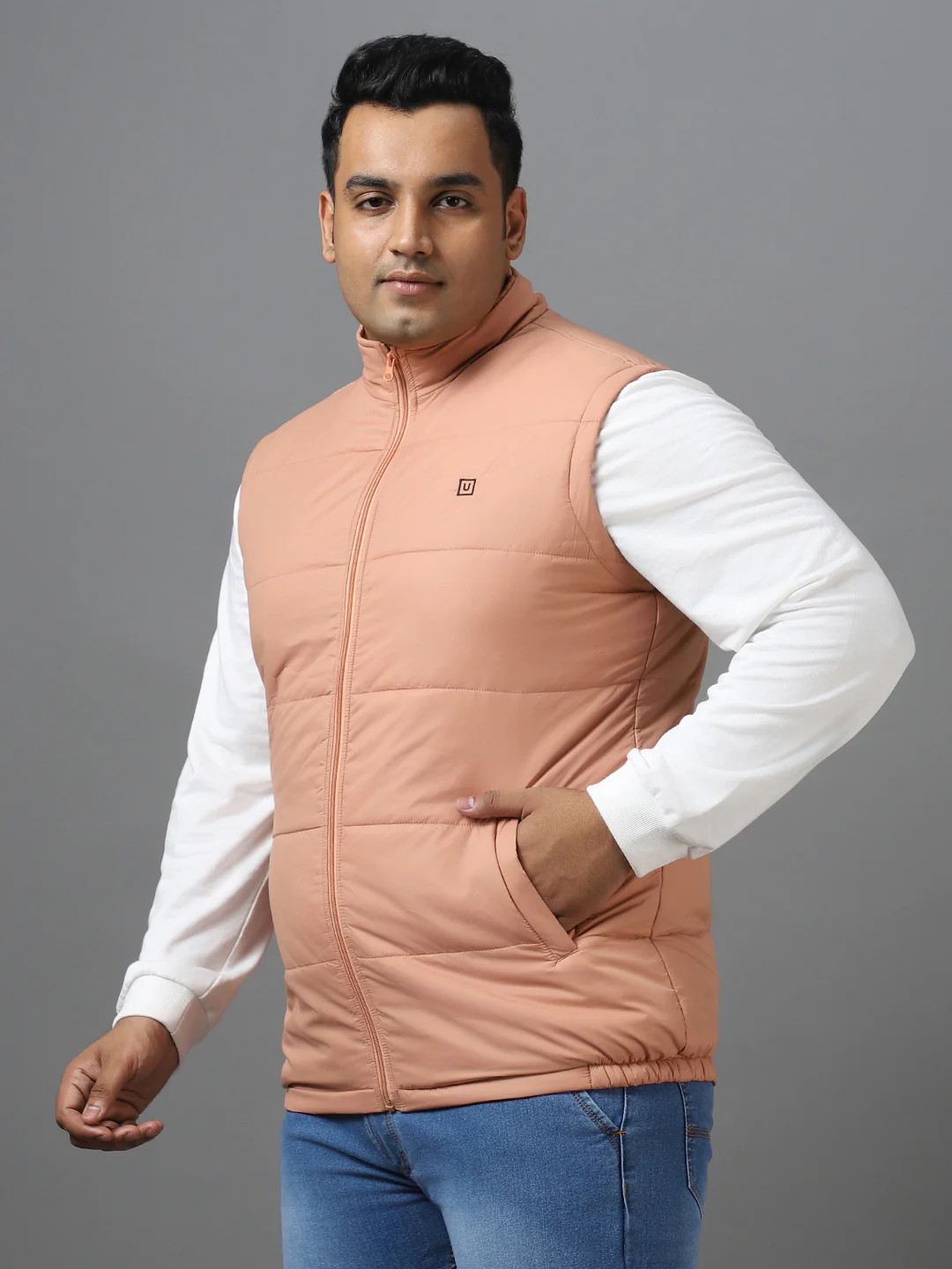 Plus Men's Pink Sleeveless Zippered Puffer Jacket - Image 3