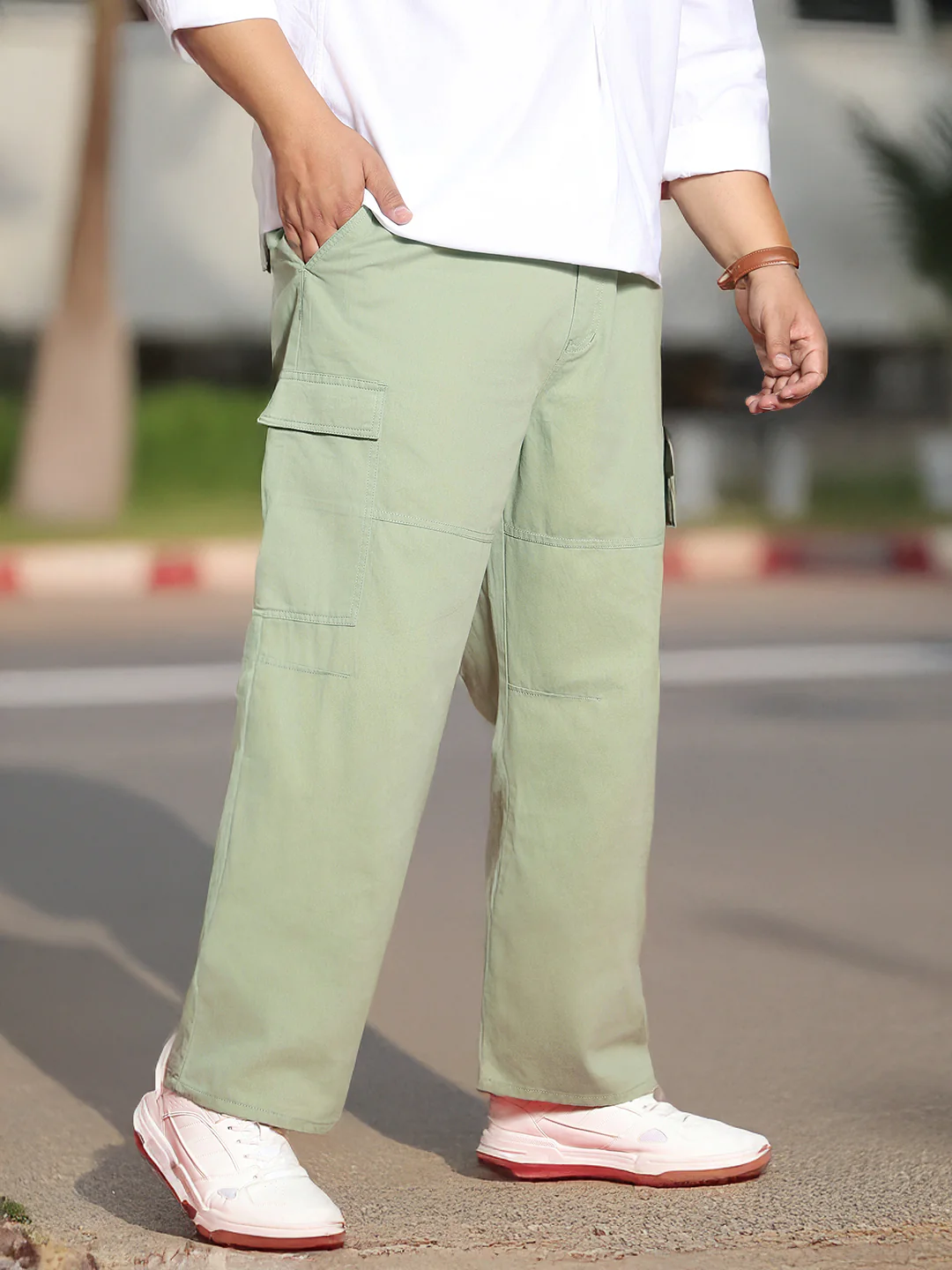 Plus Men's Pista Loose Baggy Fit Solid Cargo Chino Pant with 6 Pockets Non-Stretchable