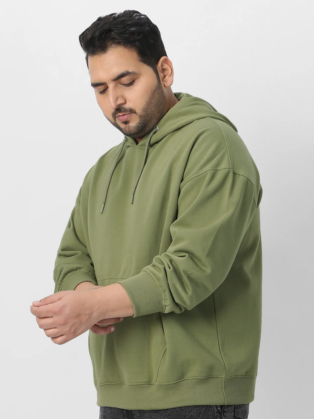 Plus Men's Potent Olive Cotton Solid Oversized Hooded Neck Sweatshirt - Image 2