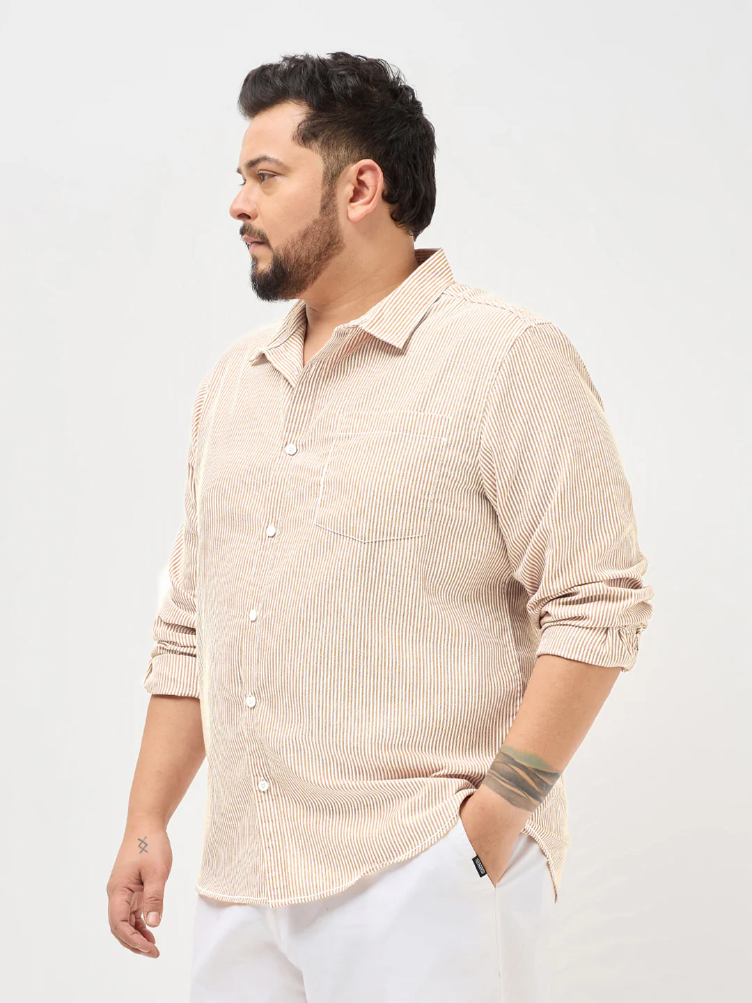 Plus Men's Pumpkin Spice Cotton Full Sleeve Regular Fit Casual Striped Shirt - Image 3