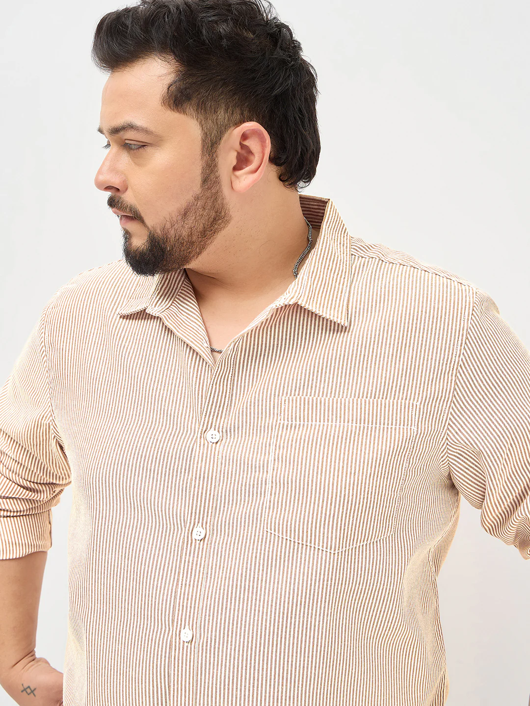 Plus Men's Pumpkin Spice Cotton Full Sleeve Regular Fit Casual Striped Shirt - Image 6