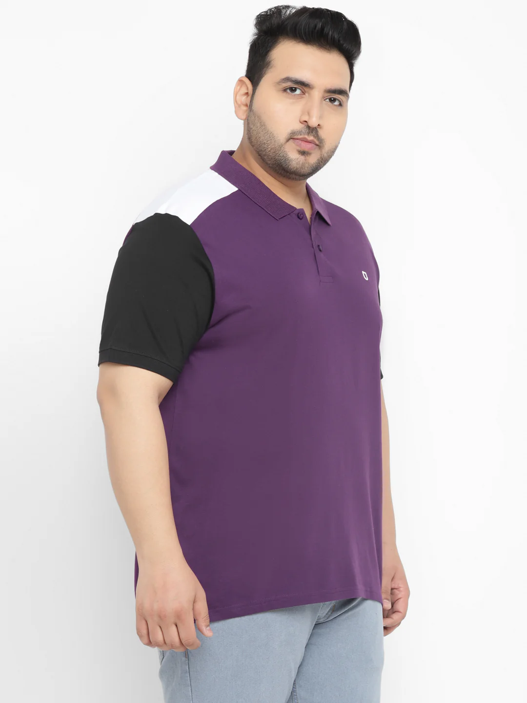 Plus Men's Purple, Black Colour-Block Regular Fit Half Sleeve Cotton Polo T-Shirt - Image 2