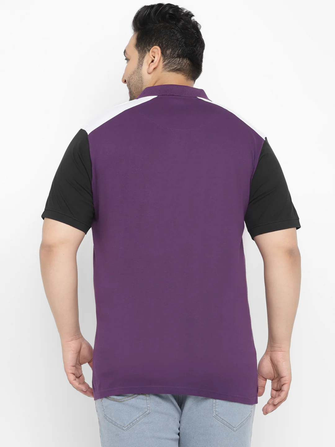Plus Men's Purple, Black Colour-Block Regular Fit Half Sleeve Cotton Polo T-Shirt - Image 3