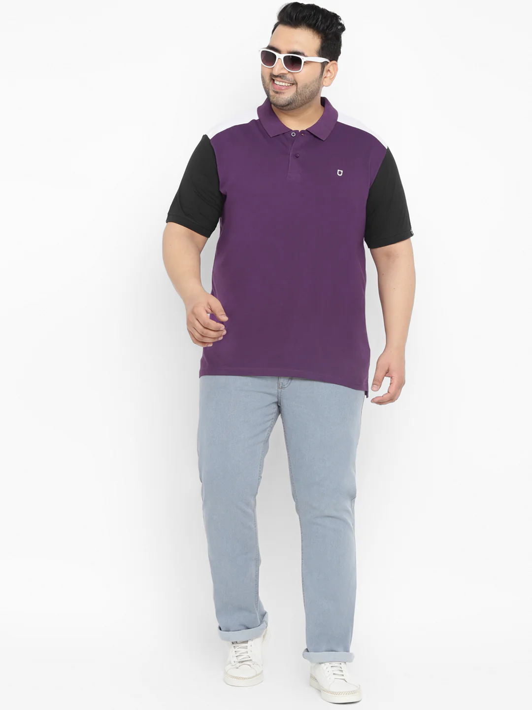 Plus Men's Purple, Black Colour-Block Regular Fit Half Sleeve Cotton Polo T-Shirt - Image 4