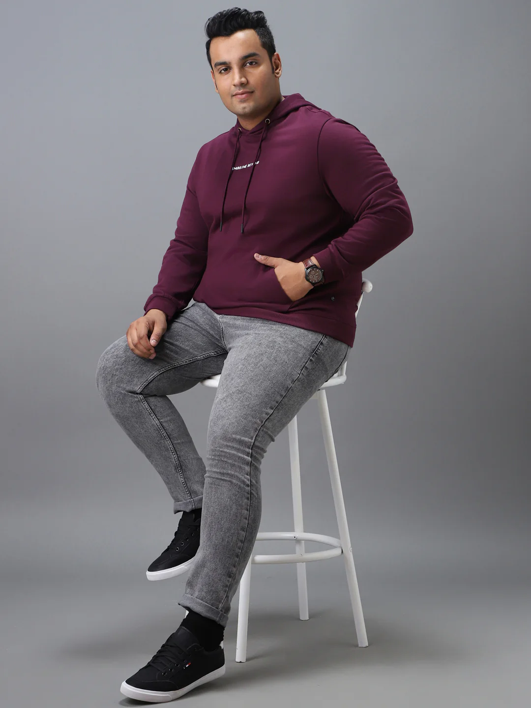 Plus Men's Purple Cotton Graphic Print Hooded Neck Sweatshirt - Image 4