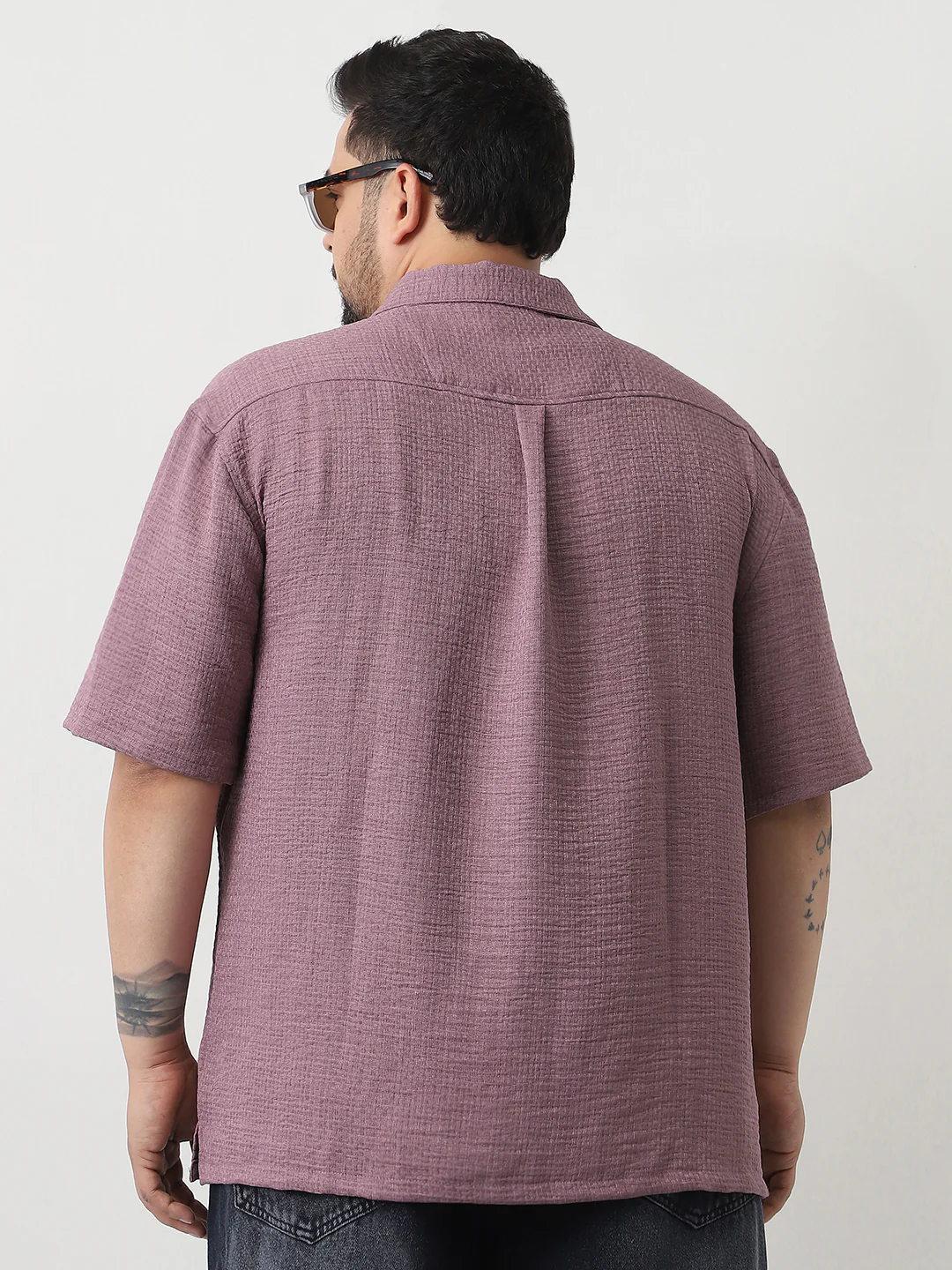 Plus Men's Purple Cotton Half Sleeve Oversized Fit Textured Shirt with Cuban Collar - Image 3