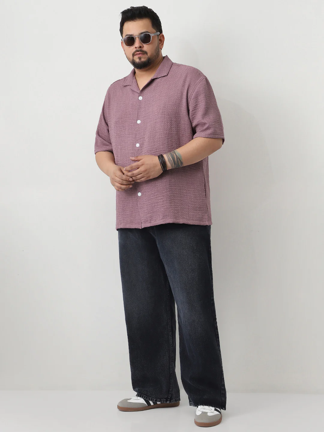 Plus Men's Purple Cotton Half Sleeve Oversized Fit Textured Shirt with Cuban Collar - Image 4