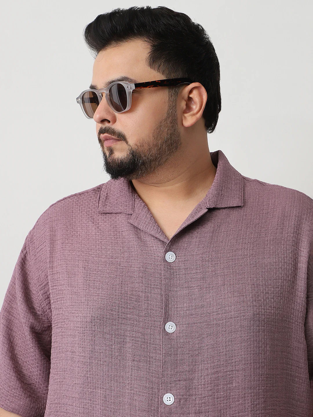 Plus Men's Purple Cotton Half Sleeve Oversized Fit Textured Shirt with Cuban Collar - Image 5