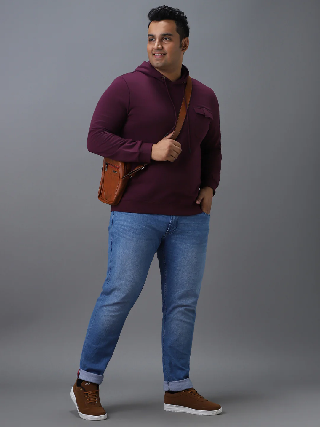 Plus Men's Purple Cotton Solid Hooded Neck Sweatshirt - Image 4
