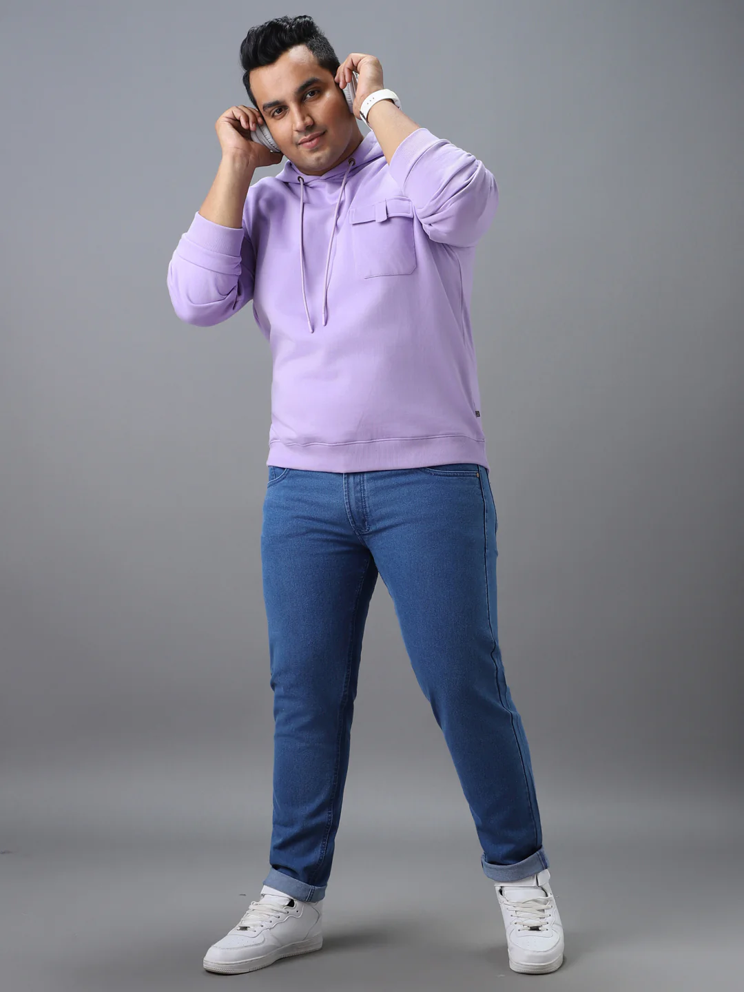 Plus Men's Purple Cotton Solid Hooded Neck Sweatshirt - Image 4