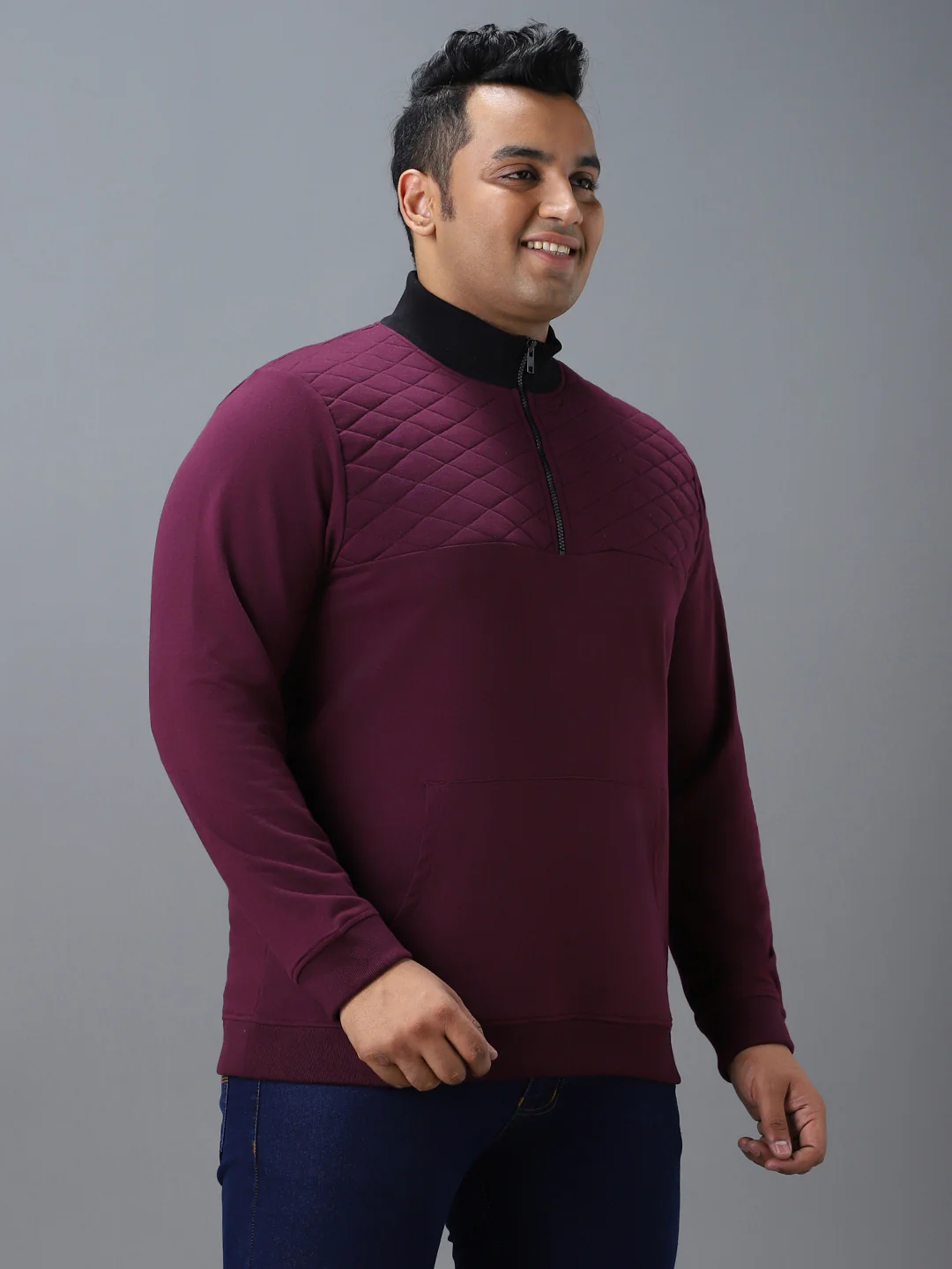 Plus Men's Purple Cotton Solid Zippered High Neck Sweatshirt - Image 2