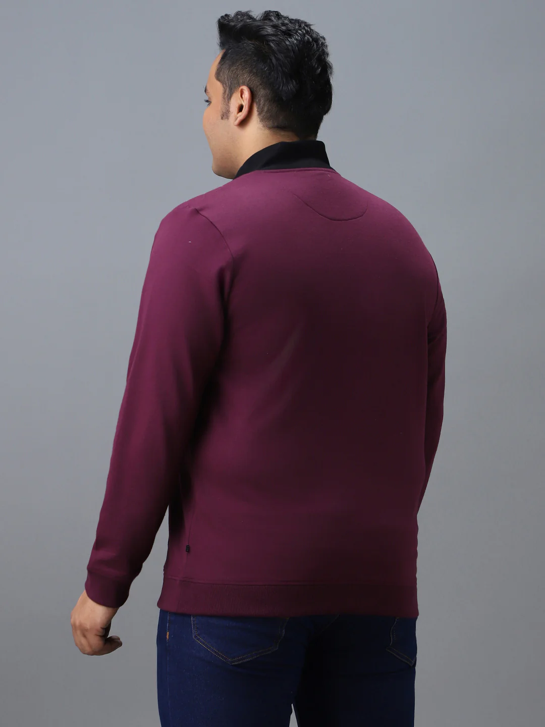 Plus Men's Purple Cotton Solid Zippered High Neck Sweatshirt - Image 3