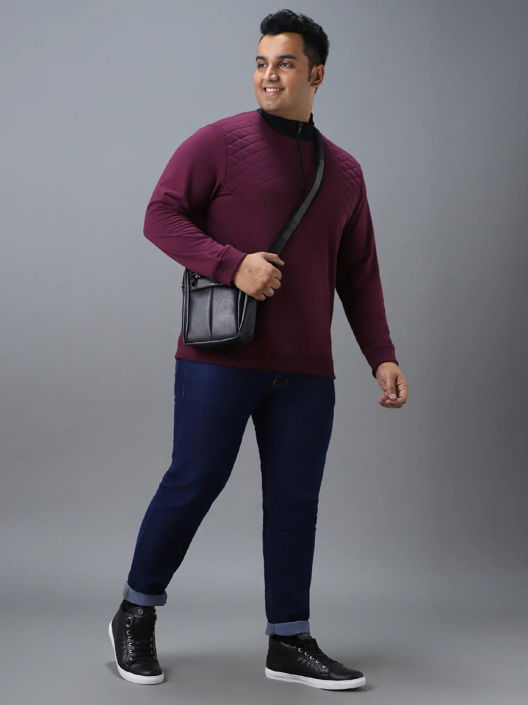 Plus Men's Purple Cotton Solid Zippered High Neck Sweatshirt - Image 4