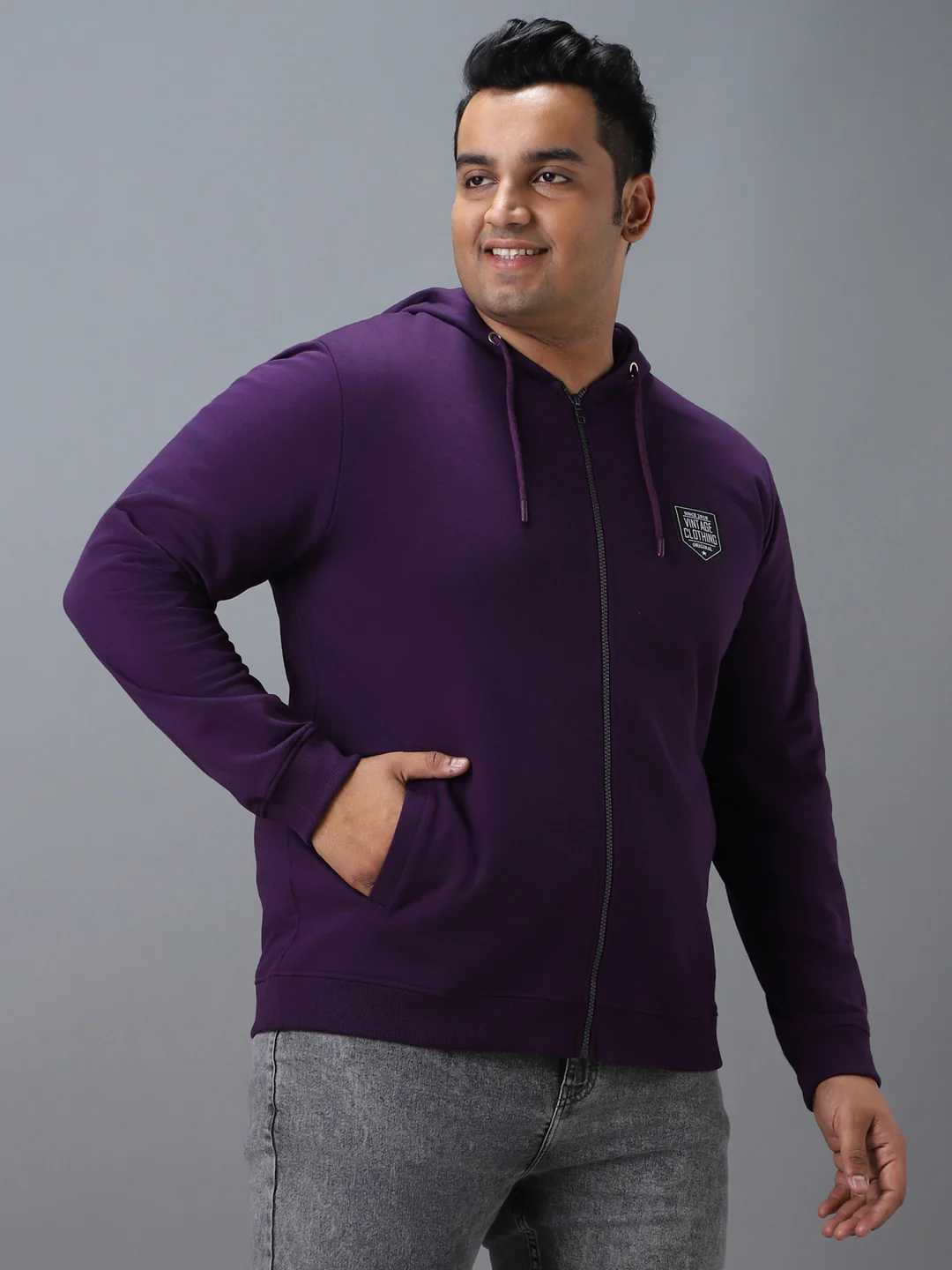 Plus Men's Purple Cotton Solid Zippered Hooded Neck Sweatshirt - Image 2