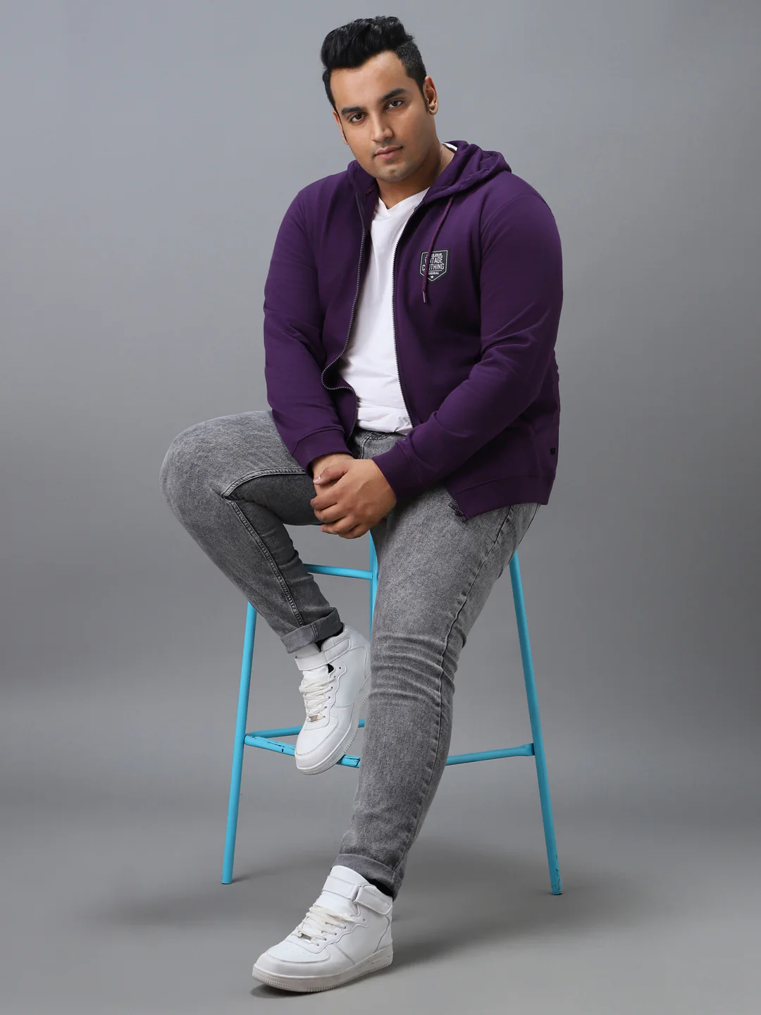 Plus Men's Purple Cotton Solid Zippered Hooded Neck Sweatshirt - Image 4