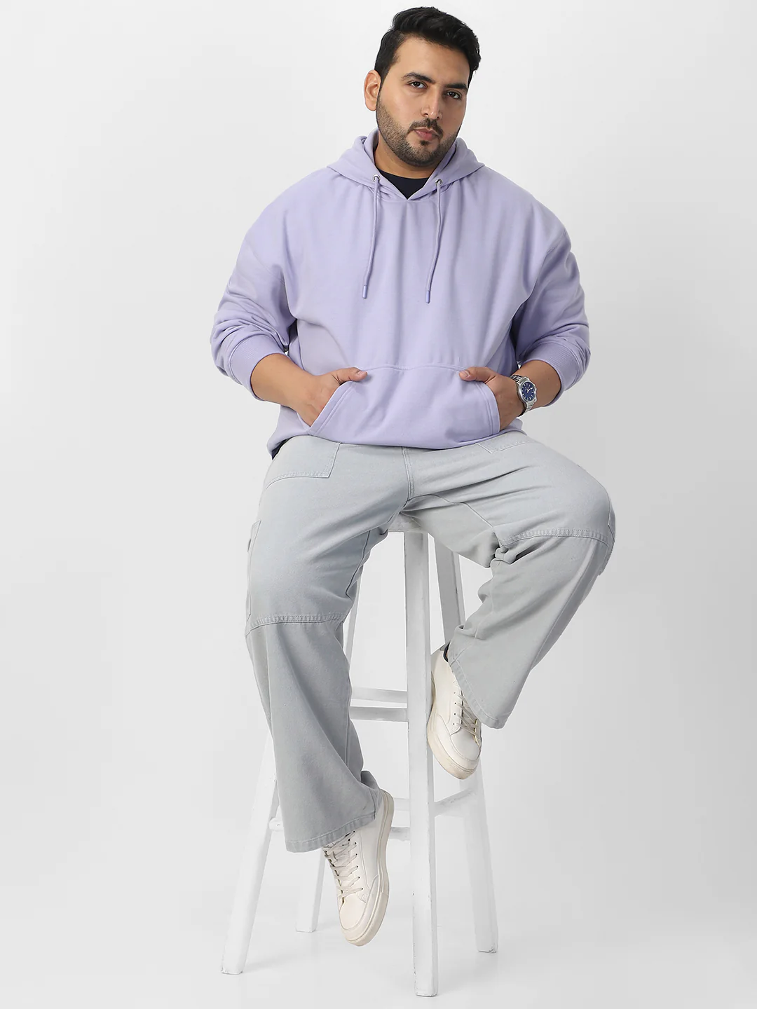 Plus Men's Purple Heather Cotton Solid Oversized Hooded Neck Sweatshirt - Image 4
