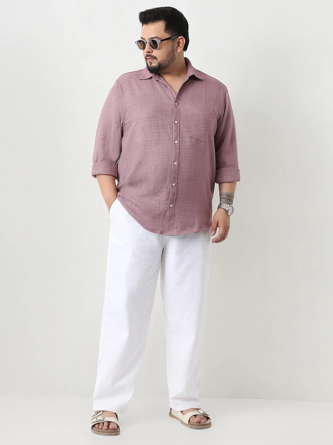 Plus Men's Purple Linen Blend Full Sleeve Relaxed Fit Casual Solid Shirt - Image 4