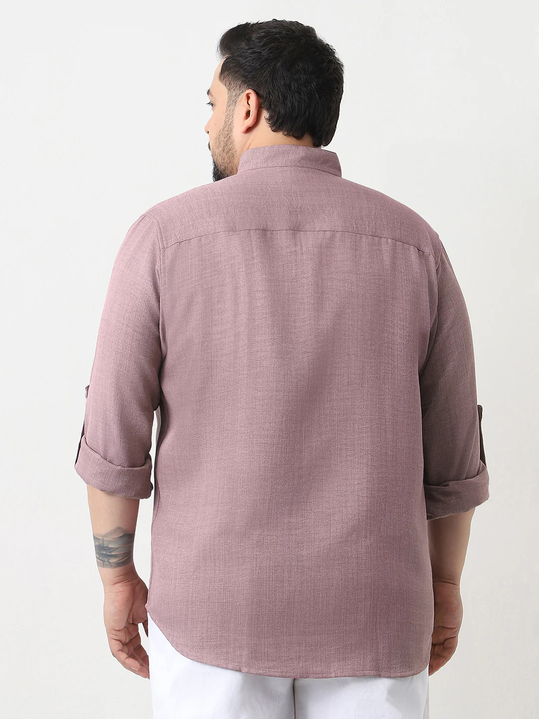 Plus Men's Purple Linen Blend Full Sleeve Relaxed Fit Mandarin Collar Casual Solid Shirt - Image 3