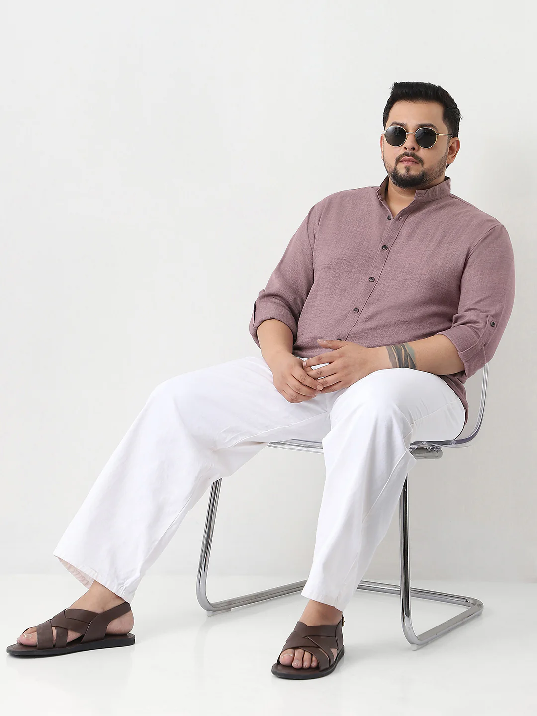 Plus Men's Purple Linen Blend Full Sleeve Relaxed Fit Mandarin Collar Casual Solid Shirt - Image 4