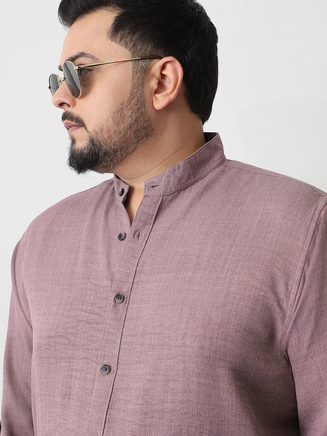 Plus Men's Purple Linen Blend Full Sleeve Relaxed Fit Mandarin Collar Casual Solid Shirt - Image 5