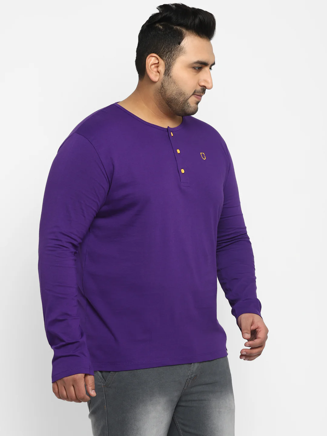 Plus Men's Purple Solid Henley Neck Regular Fit Full Sleeve Cotton T-Shirt - Image 2