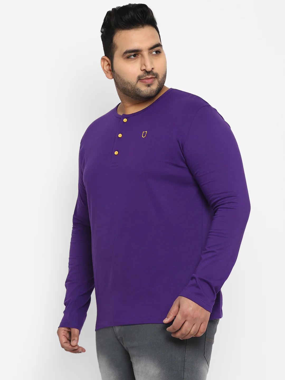 Plus Men's Purple Solid Henley Neck Regular Fit Full Sleeve Cotton T-Shirt - Image 3