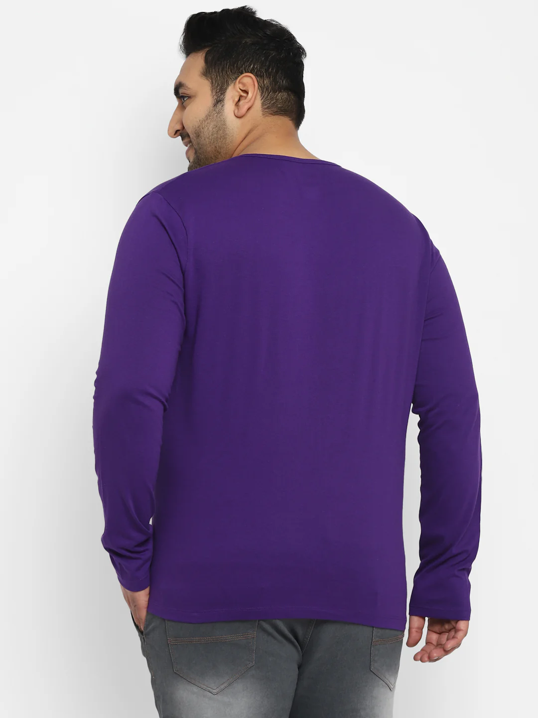 Plus Men's Purple Solid Henley Neck Regular Fit Full Sleeve Cotton T-Shirt - Image 4