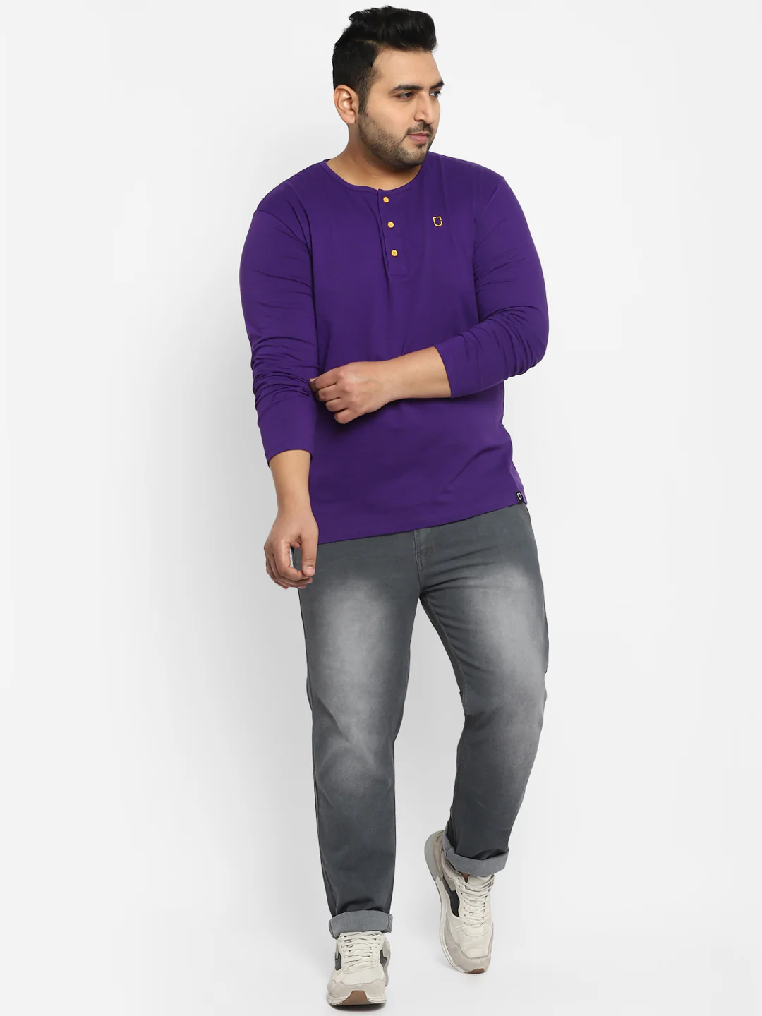 Plus Men's Purple Solid Henley Neck Regular Fit Full Sleeve Cotton T-Shirt - Image 5