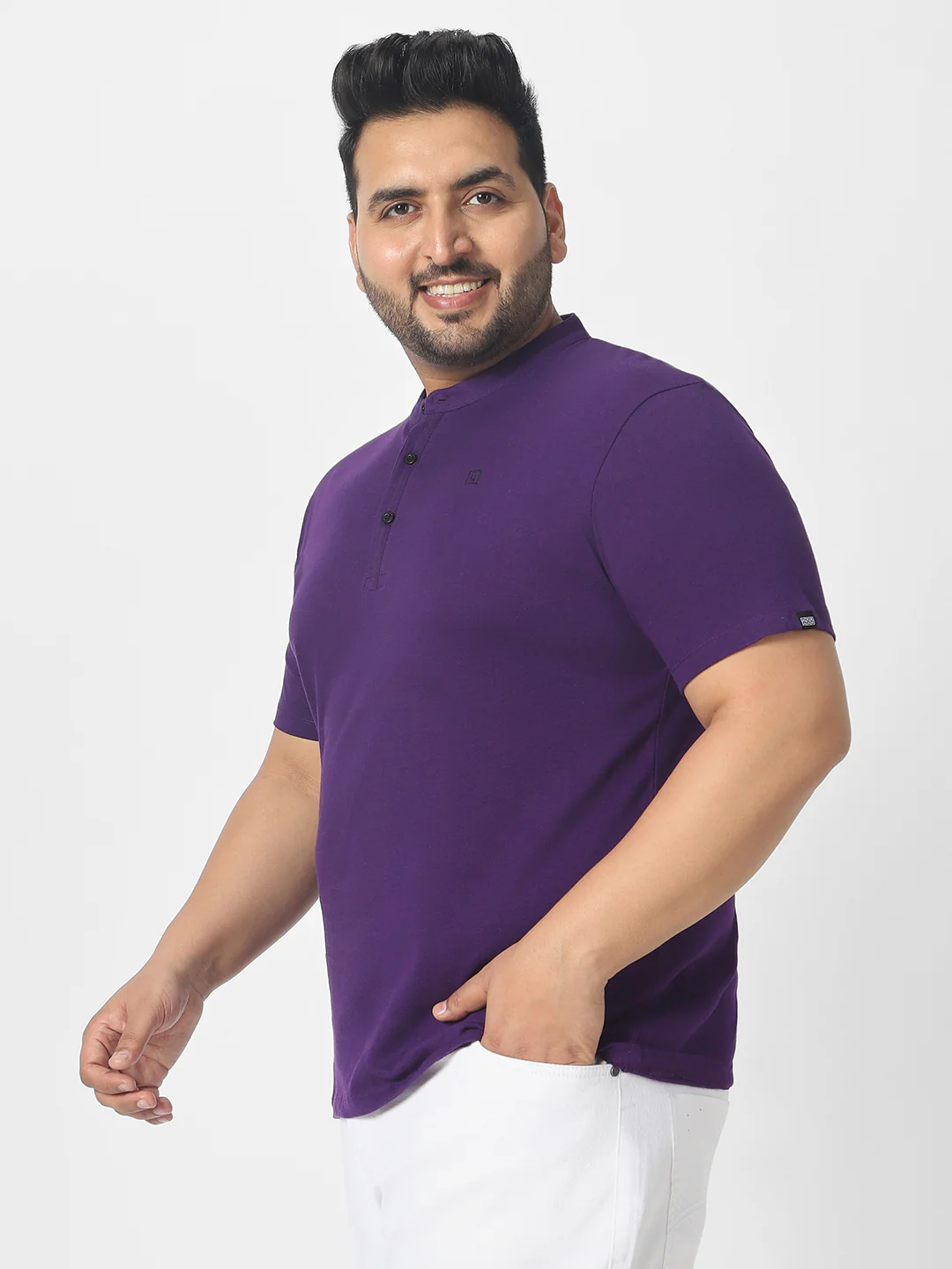 Plus Men's Purple Solid Mandarin Collar Regular Fit Cotton T-Shirt - Image 3