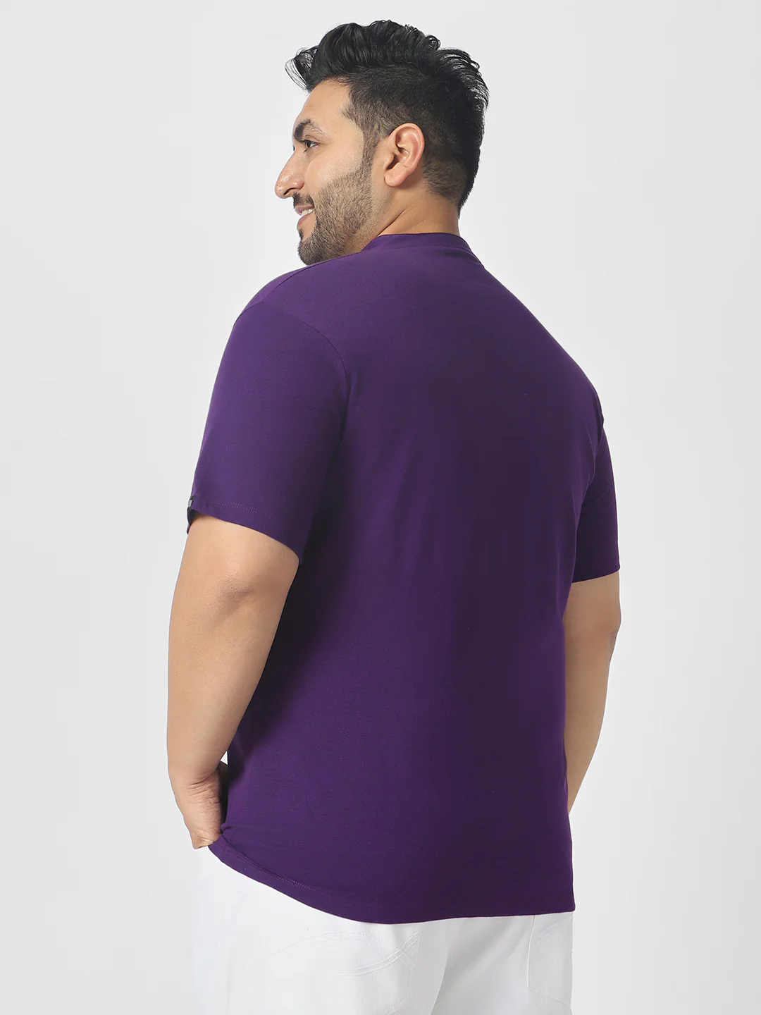 Plus Men's Purple Solid Mandarin Collar Regular Fit Cotton T-Shirt - Image 4