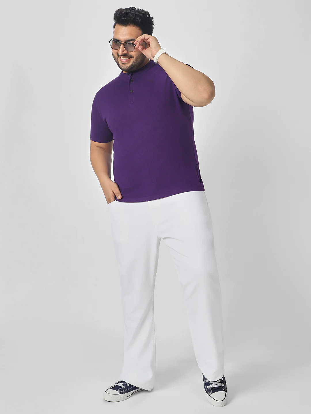 Plus Men's Purple Solid Mandarin Collar Regular Fit Cotton T-Shirt - Image 5