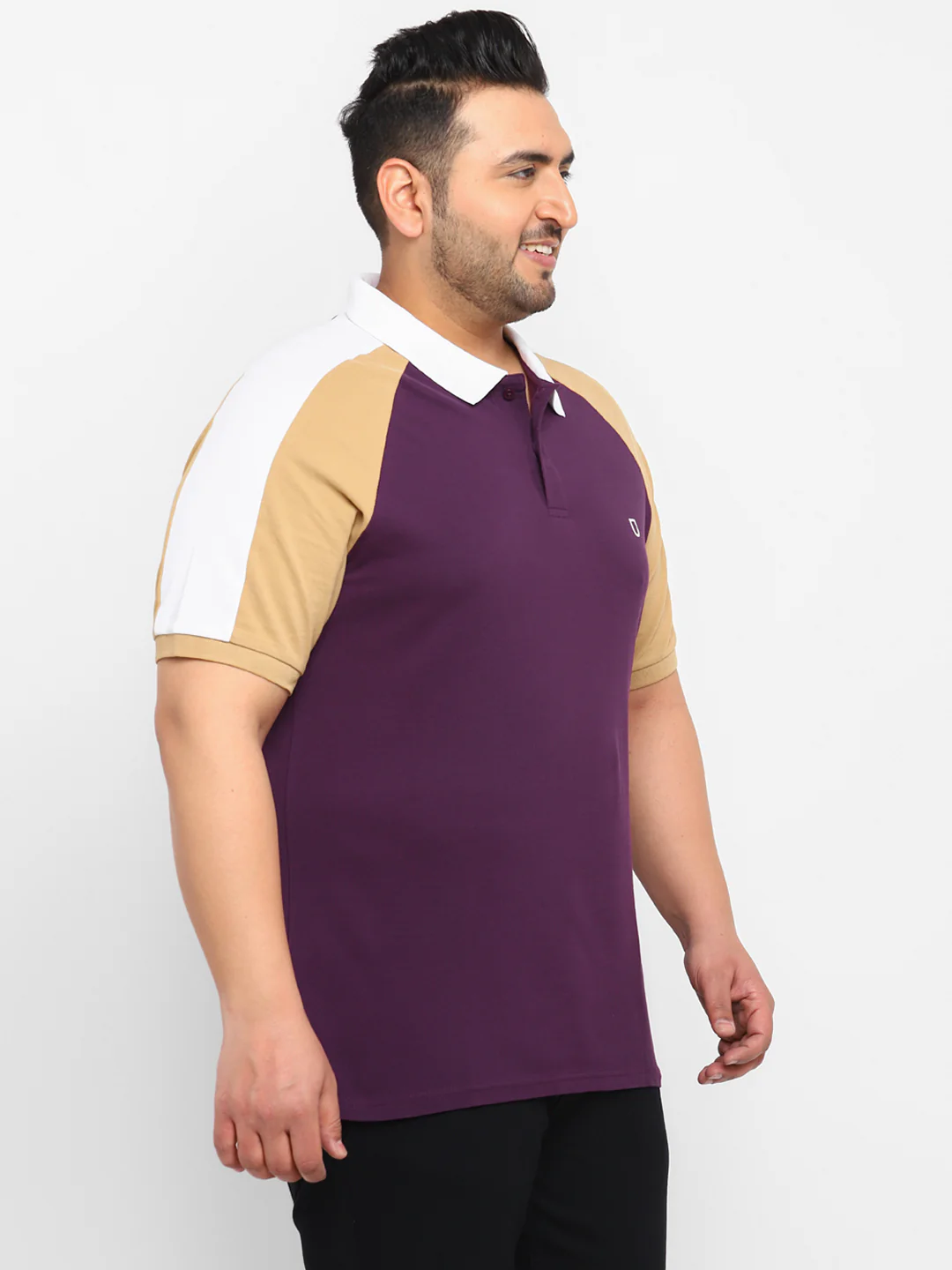 Plus Men's Purple, White, Khaki Colour-Block Regular Fit Half Sleeve Cotton Polo T-Shirt - Image 2