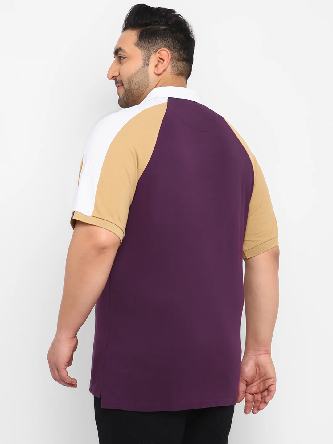 Plus Men's Purple, White, Khaki Colour-Block Regular Fit Half Sleeve Cotton Polo T-Shirt - Image 3