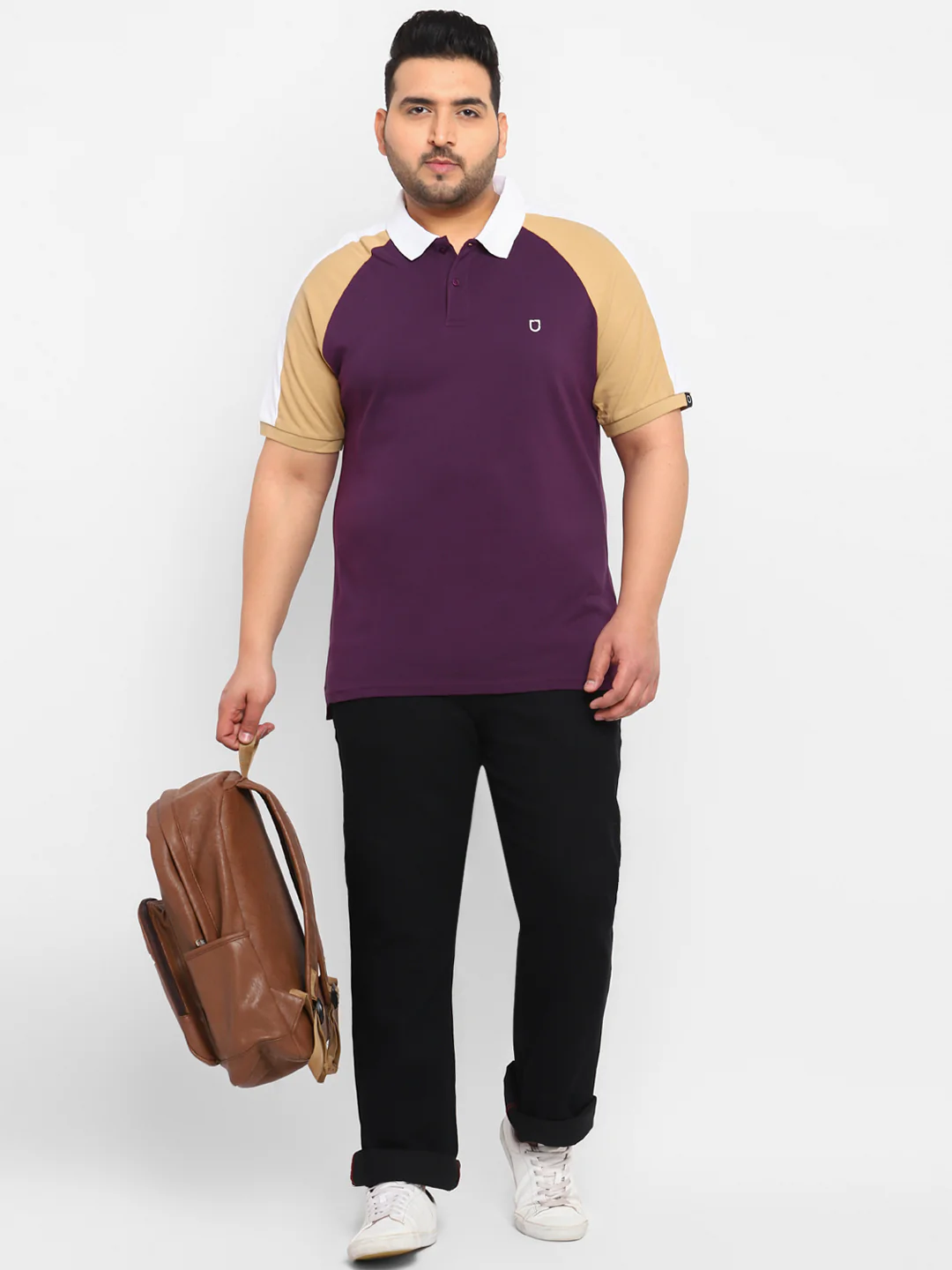 Plus Men's Purple, White, Khaki Colour-Block Regular Fit Half Sleeve Cotton Polo T-Shirt - Image 4
