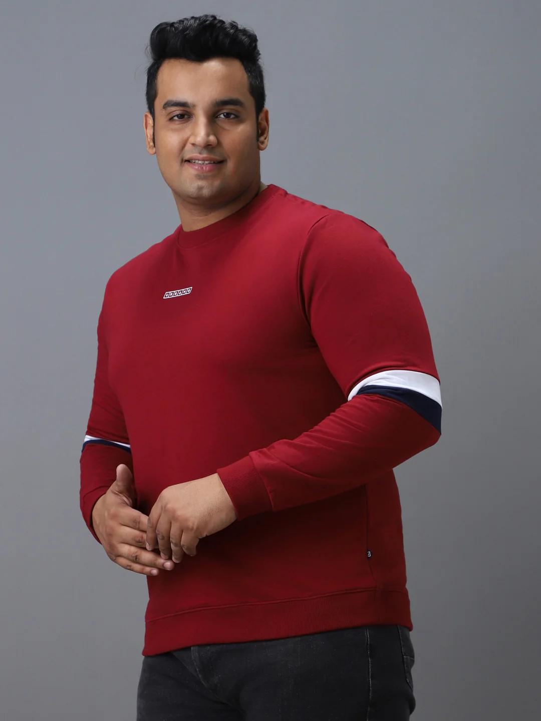 Plus Men's Red Cotton Color Block Round Neck Sweatshirt - Image 2