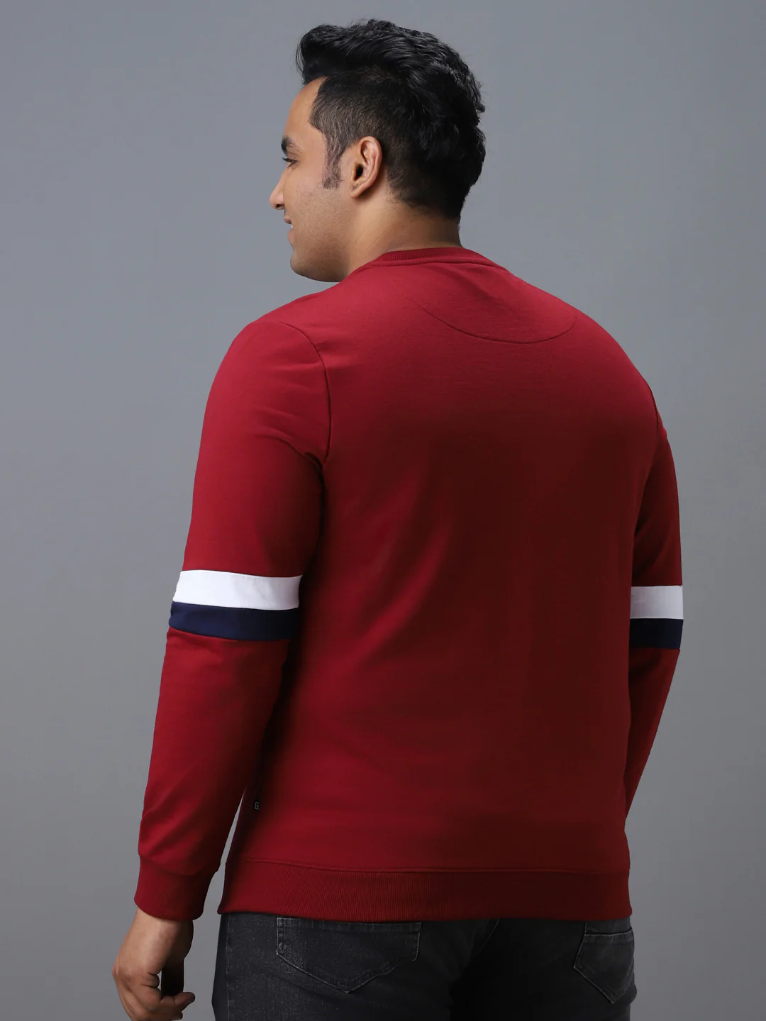 Plus Men's Red Cotton Color Block Round Neck Sweatshirt - Image 3