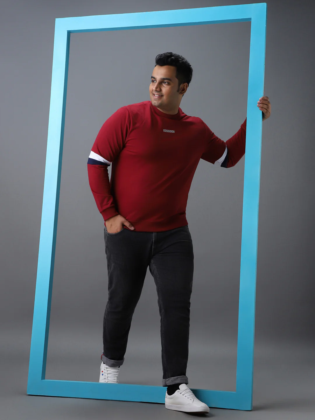 Plus Men's Red Cotton Color Block Round Neck Sweatshirt - Image 4