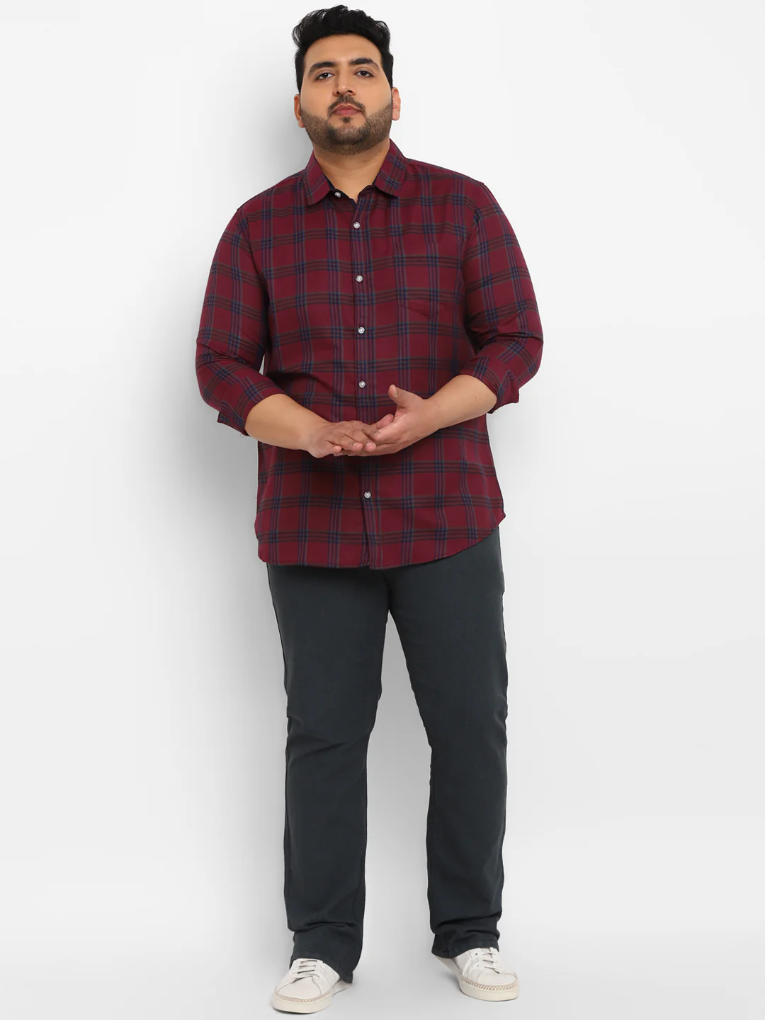 Plus Men's Red Cotton Full Sleeve Regular Fit Casual Checkered Shirt - Image 4