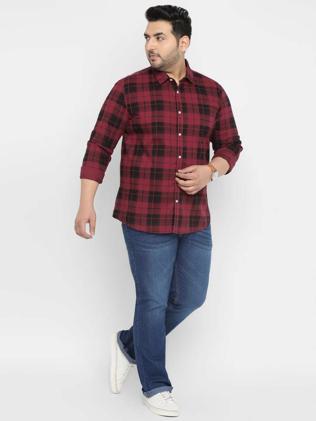 Plus Men's Red Cotton Full Sleeve Regular Fit Casual Checkered Shirt - Image 4
