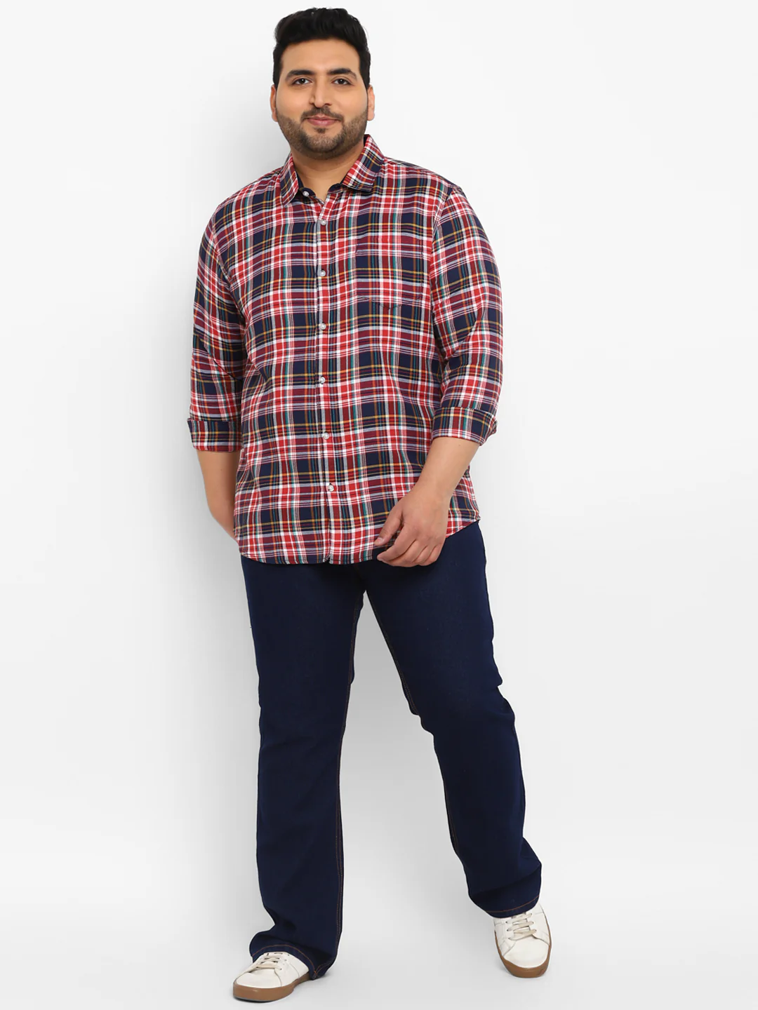 Plus Men's Red Cotton Full Sleeve Regular Fit Casual Checkered Shirt - Image 4